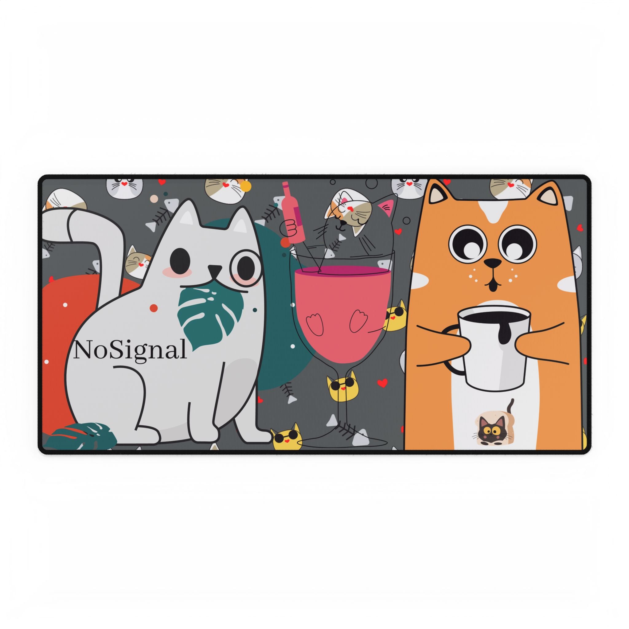 Cute Cat Coffee Desk Mat – Colorful Kawaii Cats with Mugs & 'NoSignal' Accent