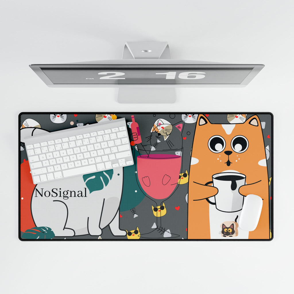 Cute Cat Coffee Desk Mat – Colorful Kawaii Cats with Mugs & 'NoSignal' Accent