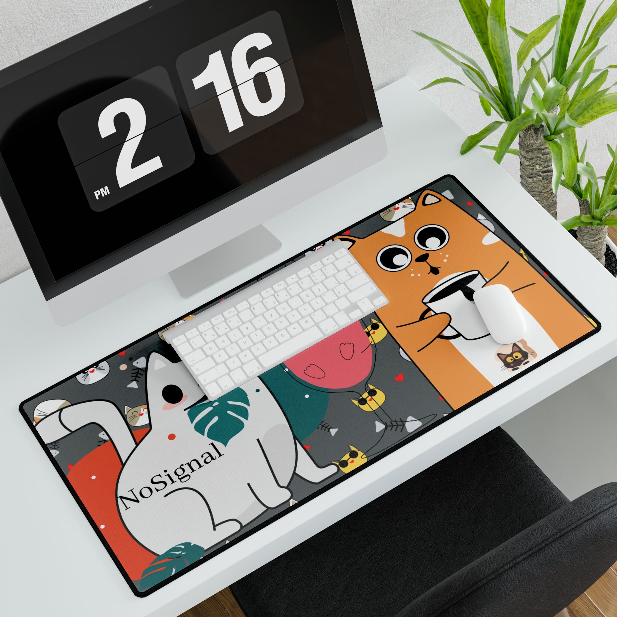 Cute Cat Coffee Desk Mat – Colorful Kawaii Cats with Mugs & 'NoSignal' Accent